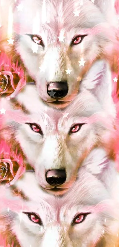 Mystical wolves with a pink aura and roses wallpaper.