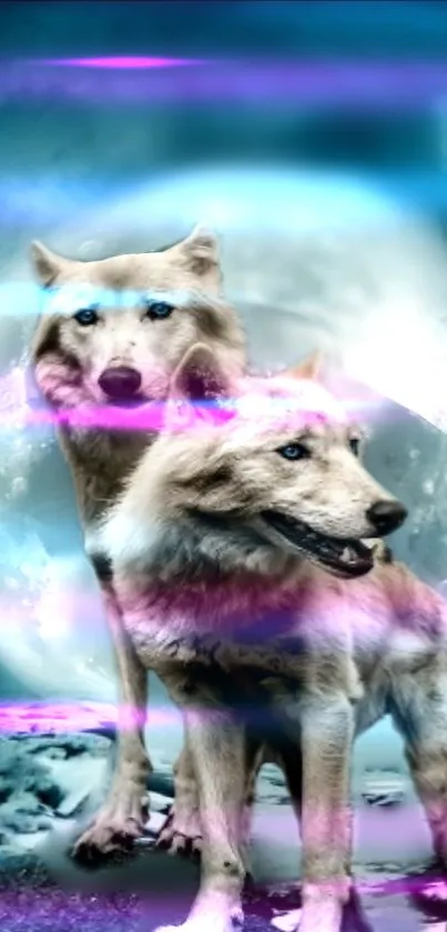 Two mystical wolves under a luminous moon in a fantasy setting.