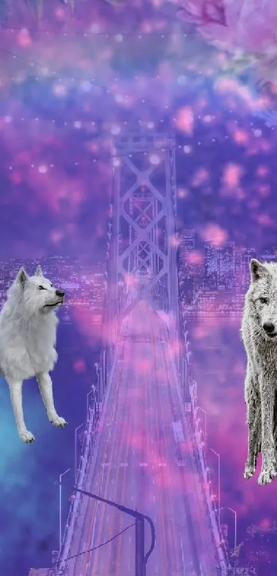 Fantasy wolves on a vibrant bridge with a floral and cityscape background.