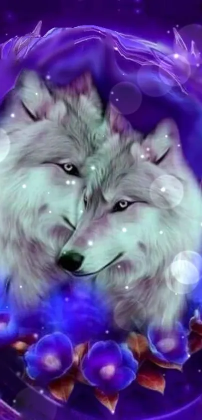 Ethereal wolves in mystical purple tones on mobile wallpaper.