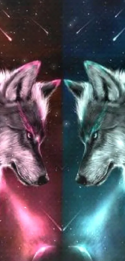 Artwork of two mystical wolves in a vibrant space setting.