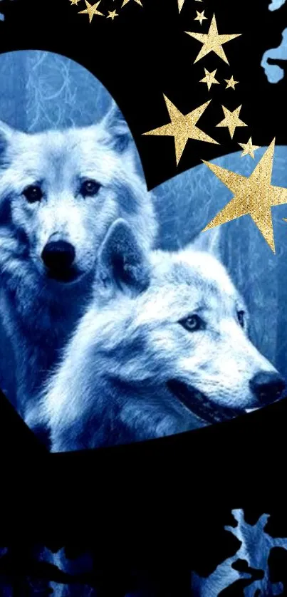 Wolves in a heart with golden stars on a blue background.