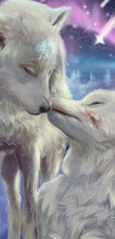 Two white wolves under an aurora sky in a mystical scene.