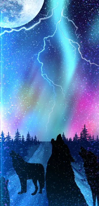 Wolves howling under aurora and moonlit sky wallpaper.