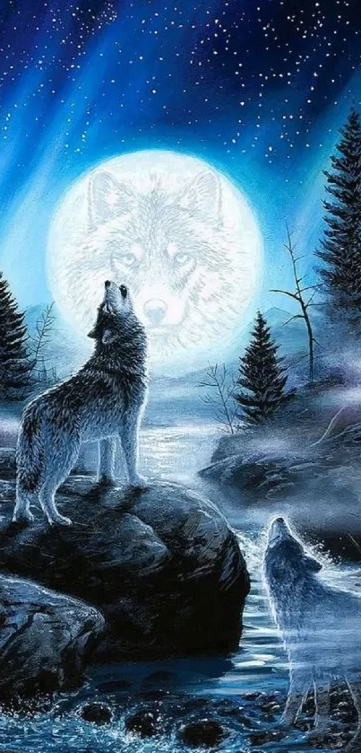 Wolves howling at a luminous full moon under a starry sky in a forest setting.