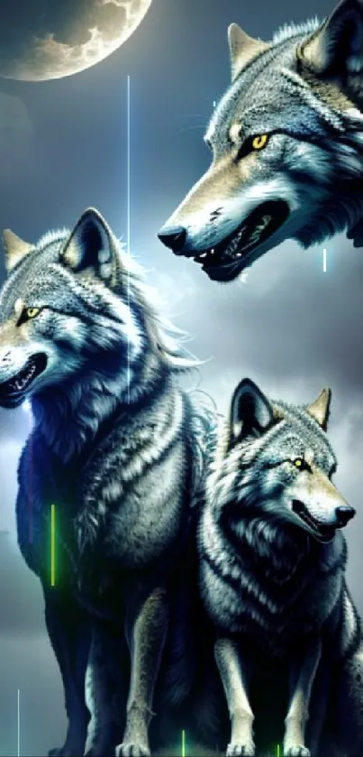 Three mystical wolves under a moonlit sky.