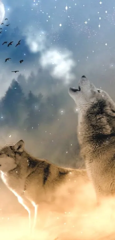 Wolves howling under a mystical moonlit sky with stars.