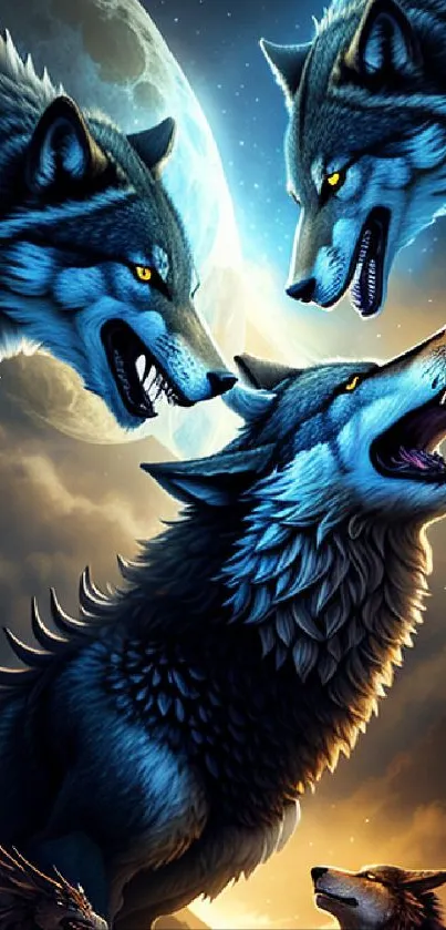 Three mystical wolves howling under a moonlit sky on a phone wallpaper.