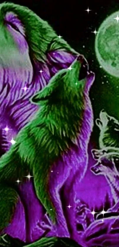 Wolves howling under a glowing moon with purple luminescence.