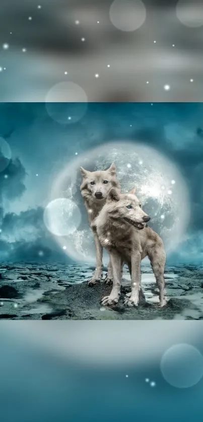 Two mystical wolves stand under a luminous full moon in a serene night scene.