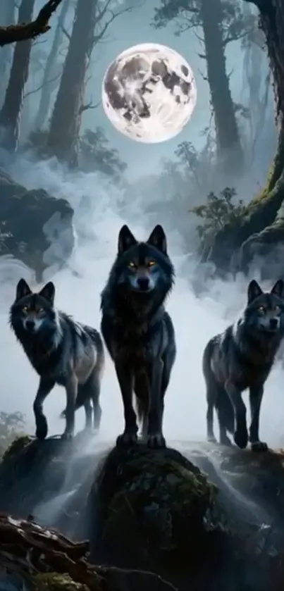 Three wolves in a dark forest under the full moon.