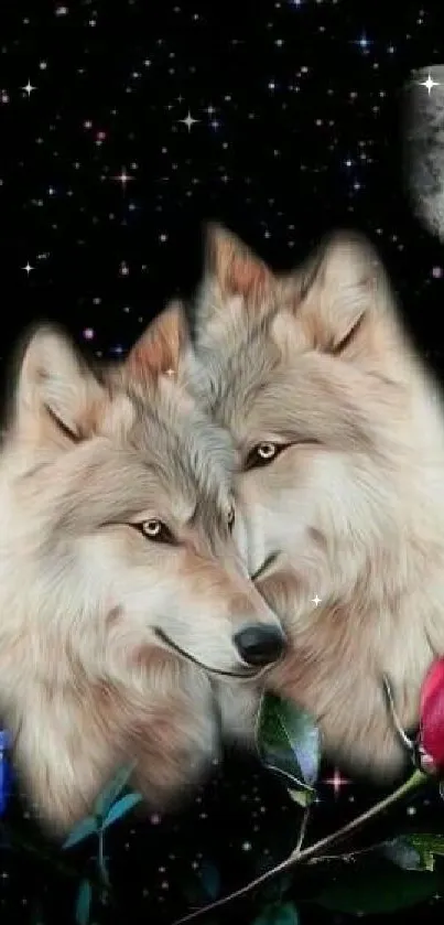 Mobile wallpaper with wolves, moon, and roses against a starry sky.