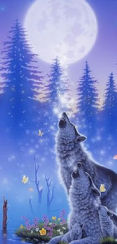 Wolves howl under full moon in a mystical forest.