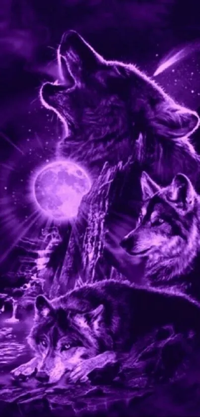 Mystical wolves howling under a purple moonlight.