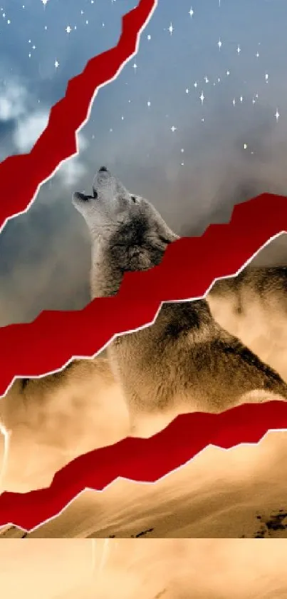 Wolves under a red moon with dramatic claw marks and starry night sky.