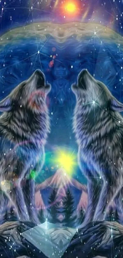 Two wolves howl under a starry galaxy and glowing cosmic sky.