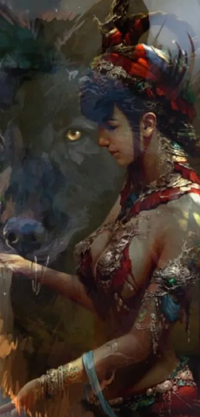 Mystical woman with wolf fantasy art wallpaper.