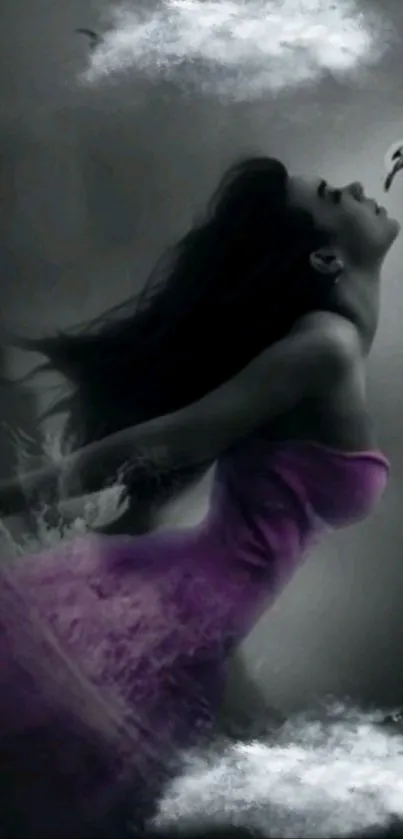 Mystical woman in purple dress with bird in dramatic grayscale scene.