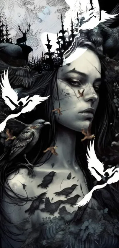 Mystical woman surrounded by birds in a dark, artistic scene.