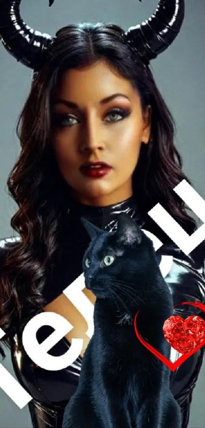 Mystical woman with horns and black cat in wallpaper.