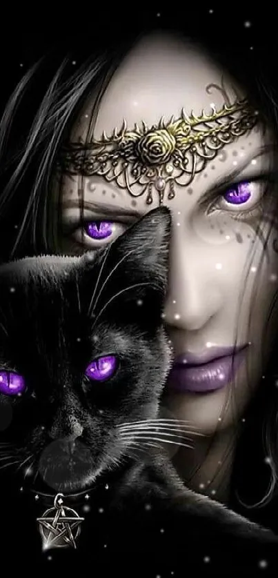 Mystical woman and black cat with purple eyes.