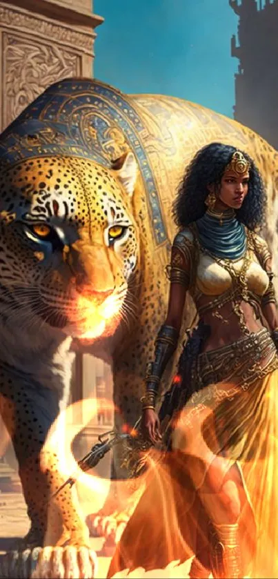 A mystical woman leads a majestic leopard in an ancient, artistic setting.