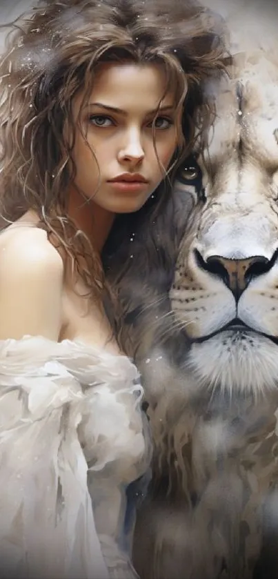 Artistic lion and woman portrait wallpaper for mobile.