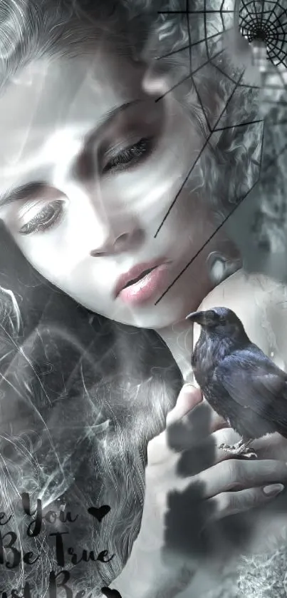 Mystical woman art with raven and spider web in grayscale.
