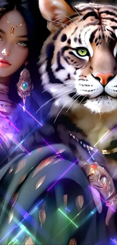 Mystical woman with ornate jewelry and a tiger in fantasy artwork.