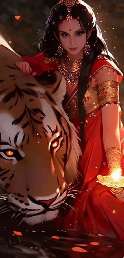 Mystical woman in red with a tiger in an artistic fantasy setting.