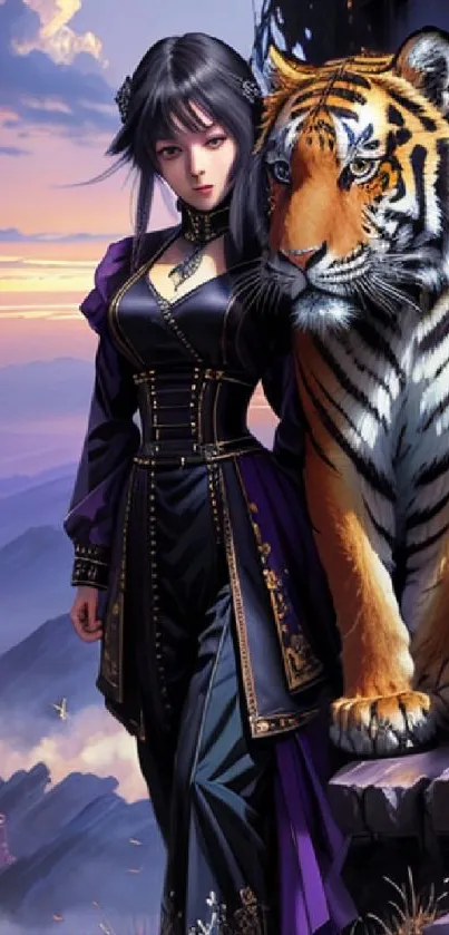 Mystical woman in purple with tiger in a scenic mountain setting.