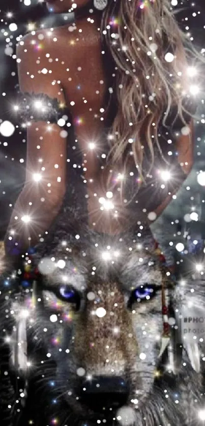 Mystical woman with wolf and stars.