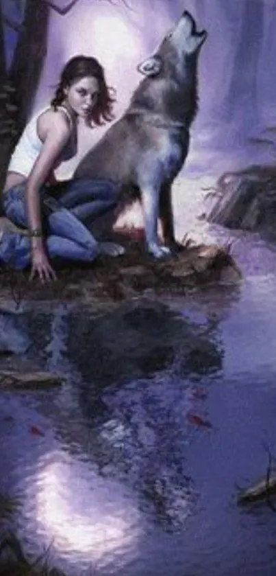 Woman sitting with a wolf by a stream in a mystical forest.