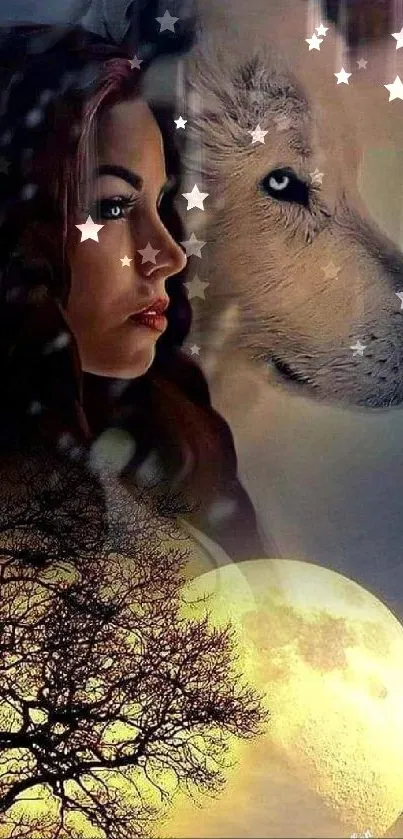 A mystical woman with a wolf under a full moon, blending nature and fantasy.