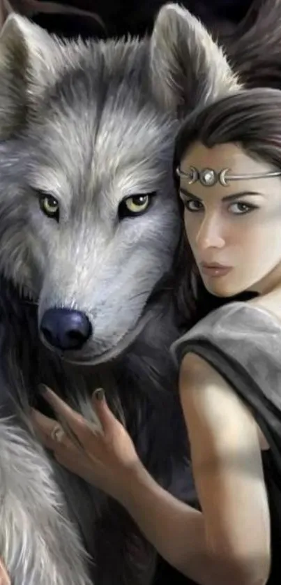 Mystical woman with wolf in fantasy art wallpaper.