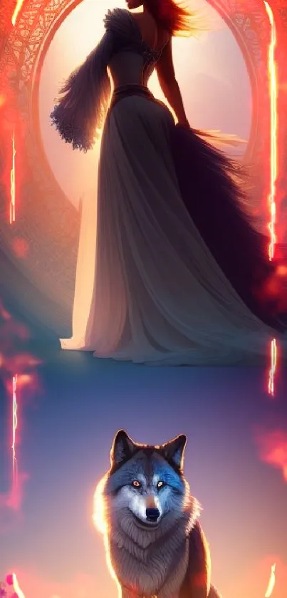 Mystical woman with wolf in vibrant fantasy scene.