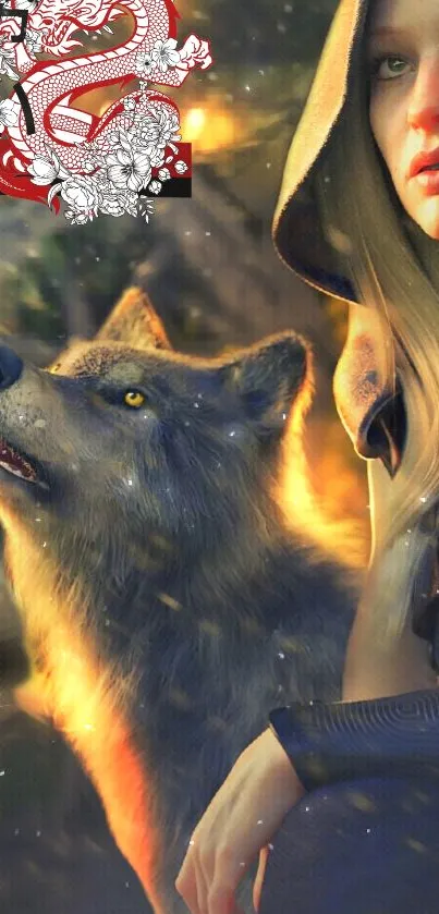 A mystical woman and wolf in a fantasy scene with a warm, enchanting glow.