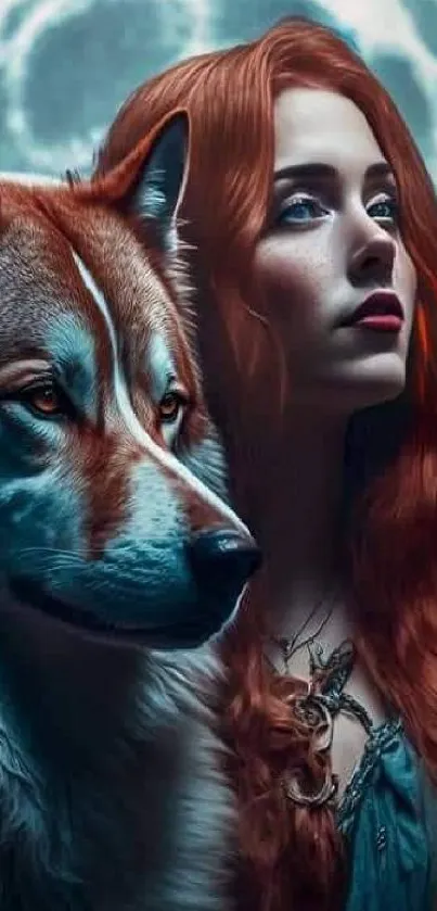 A mystical scene with a woman and wolf under the full moon in dark hues.