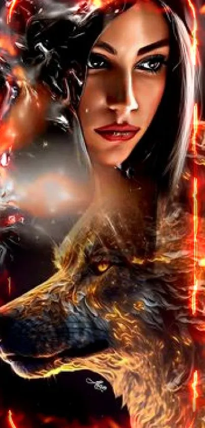 Mystical artwork of a woman and wolf with fiery tones for mobile wallpaper.