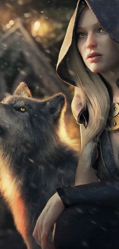 Mystical woman with wolf in a forest scene.