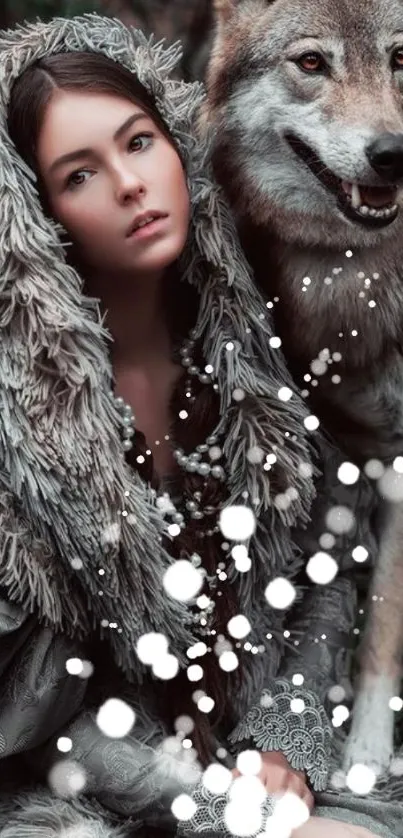 Mystical woman with a wolf in a forest setting, fantasy art.