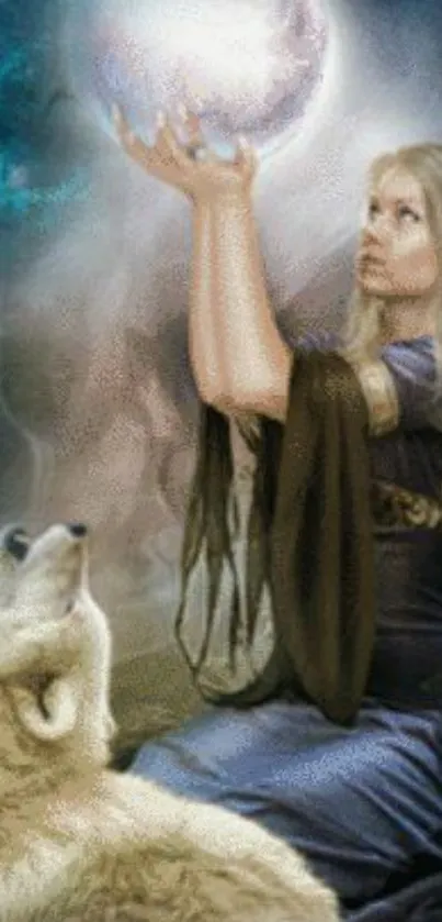 Mystical woman holds glowing orb beside a wolf.