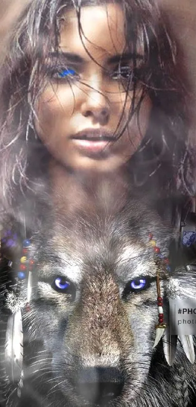 Mystical woman face blending into a wolf, with vibrant blue eyes, on a mobile wallpaper.