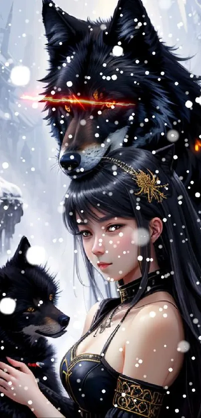 Mystical woman with wolves in a snowy forest fantasy wallpaper.