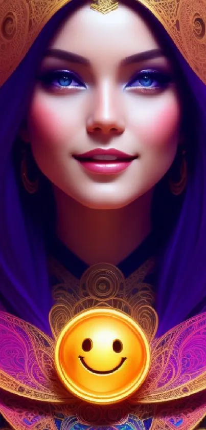 Mystical woman with purple and gold design wallpaper.