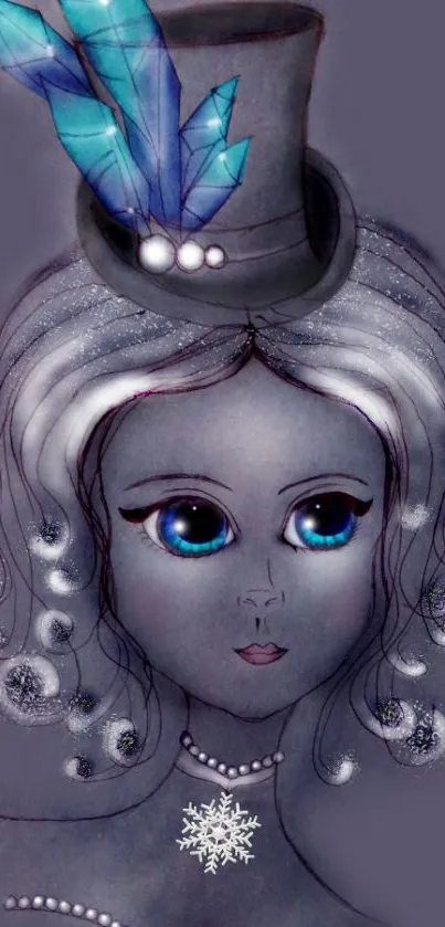 Fantasy woman with top hat, blue eyes, and snowflake necklace.