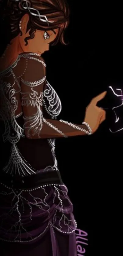 Illustration of a mystical woman with lace details on a dark background.