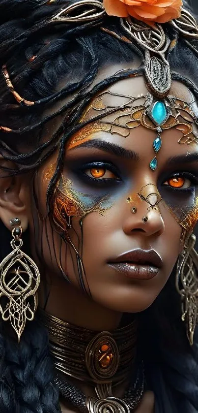 Mystical tribal woman with intricate face paint and jewelry.