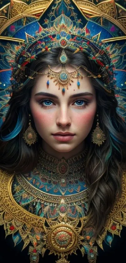 Intricate mystical woman art illustration with gold and blue accents.