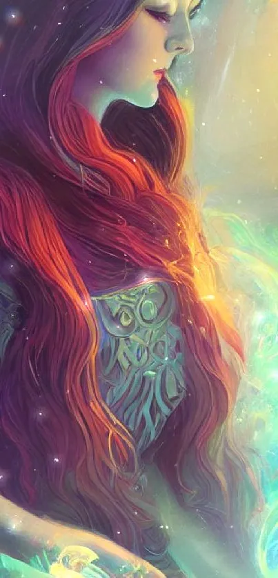 Mystical artwork of a woman with vibrant colors and ethereal glow.